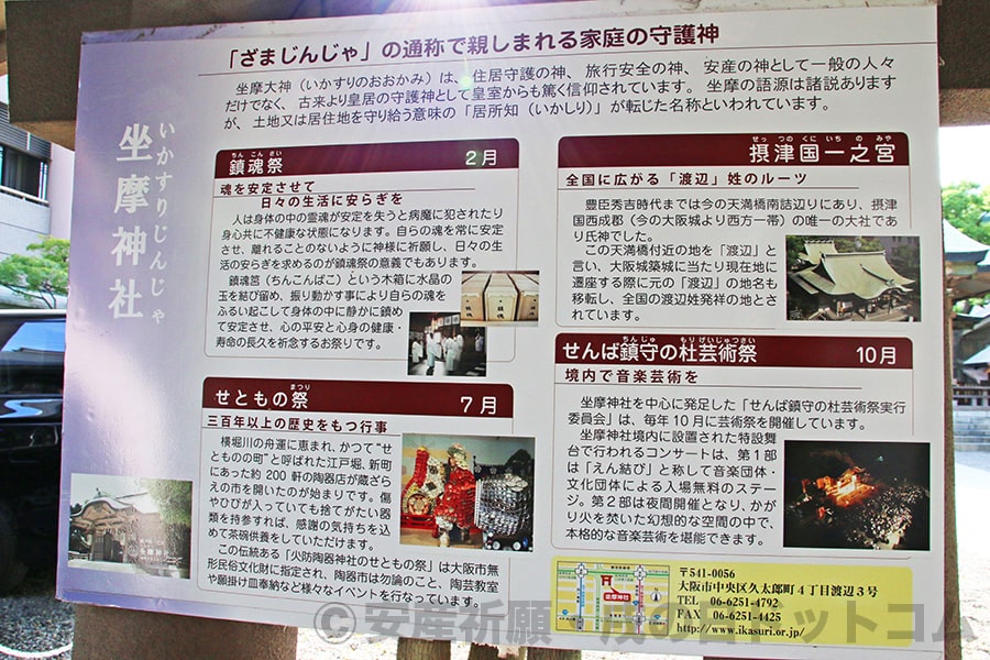 坐摩神社 同神社の行事や解説の案内掲示の様子