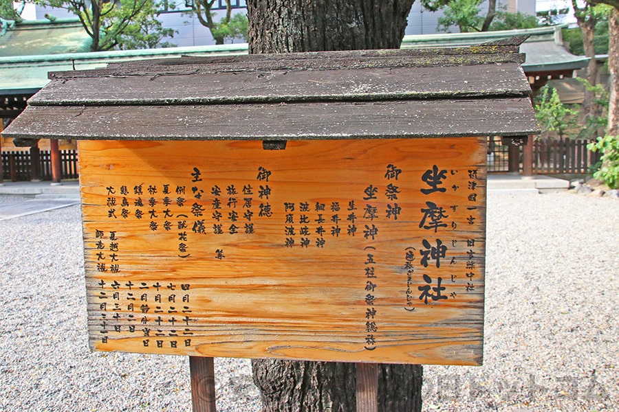 坐摩神社 境内の御祭神・ご神徳の案内掲示の様子
